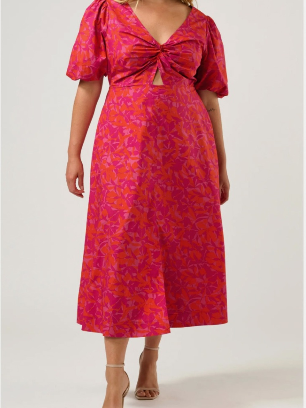Women's Red V-Neck Midi Dress with Puff Sleeves